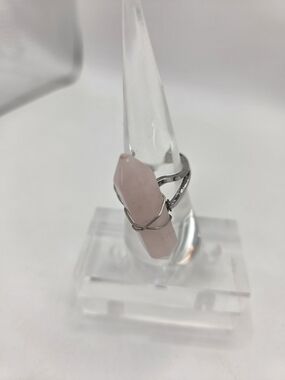 Handcrafted Pink Rose Quartz Statement Ring with Silver Wire Wrap Size 8